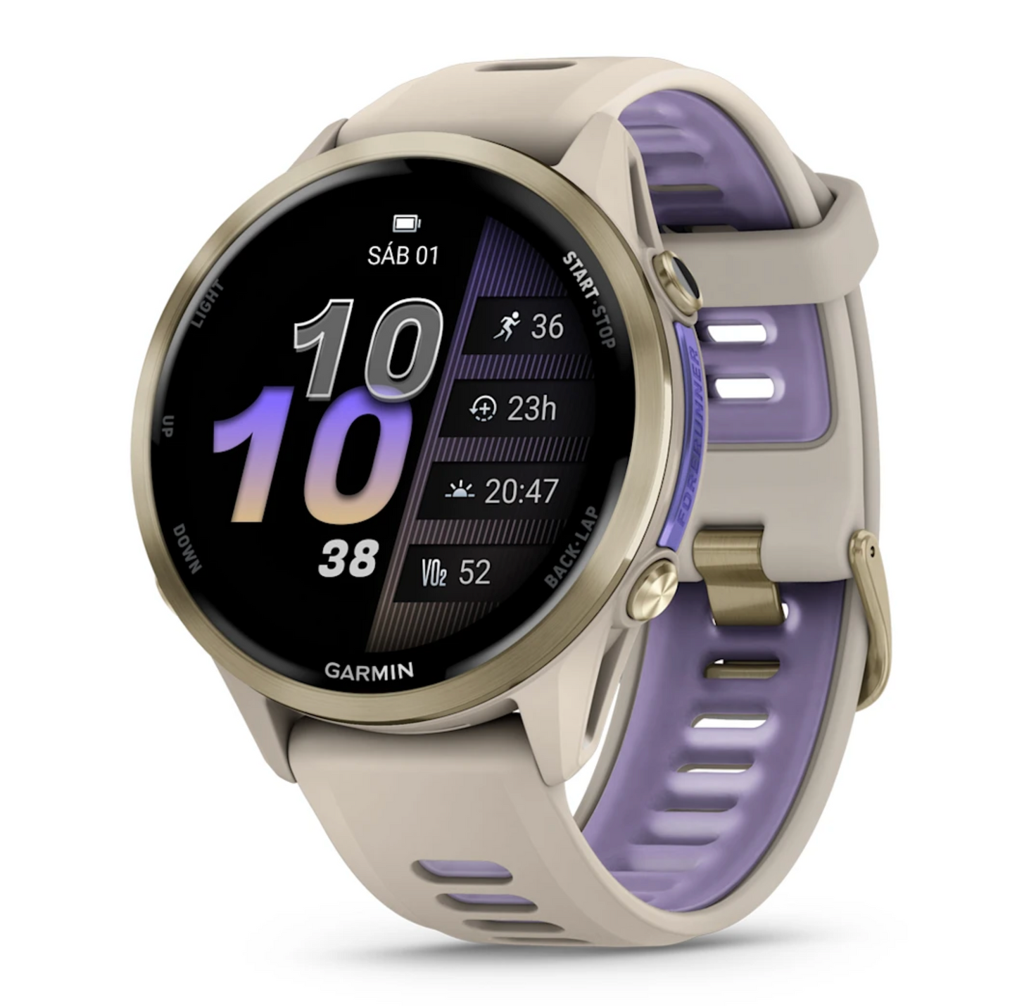 Forerunner® 970 Titanio con caja en beige y correa en beige/lila