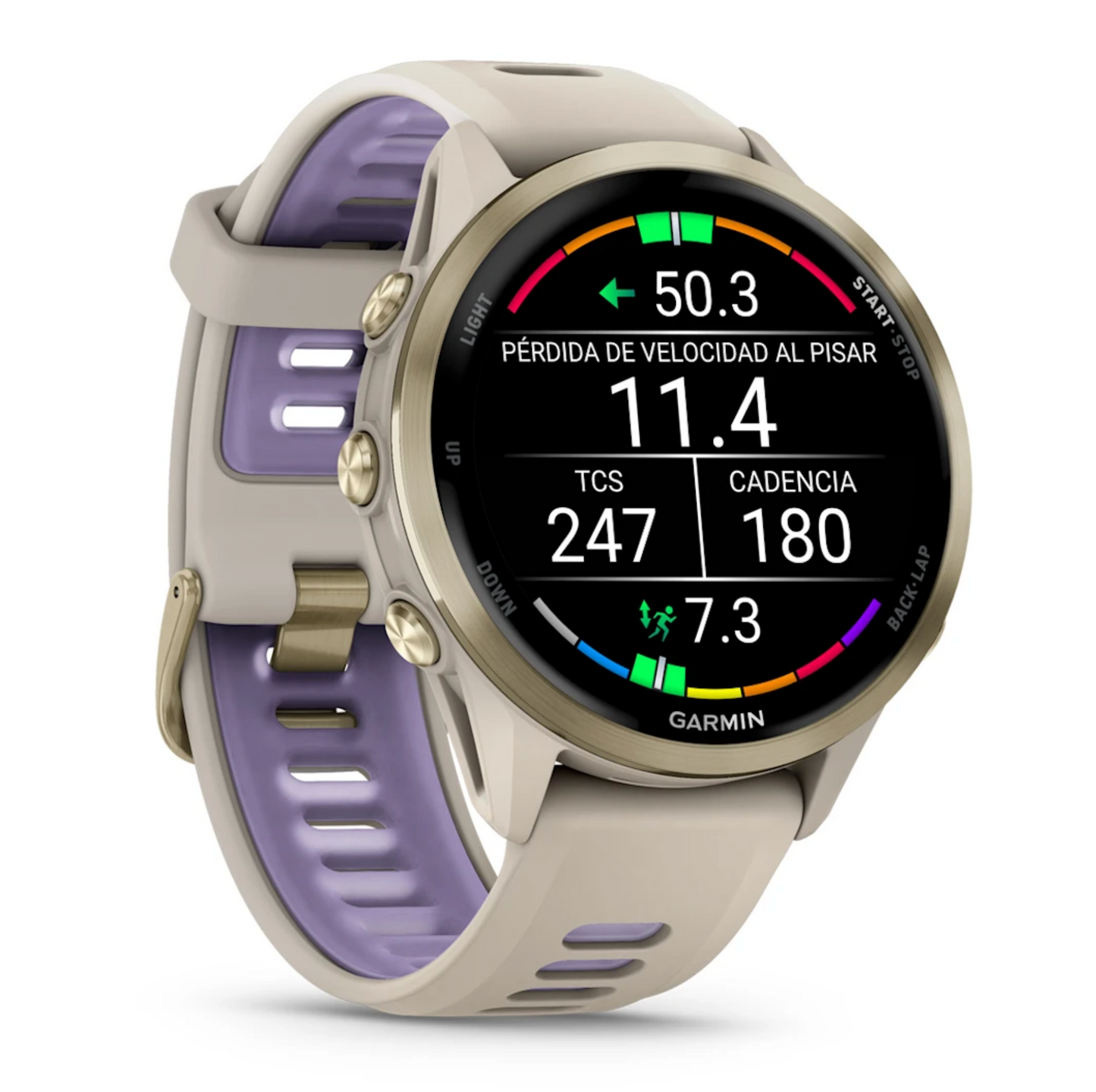 Forerunner® 970 Titanio con caja en beige y correa en beige/lila