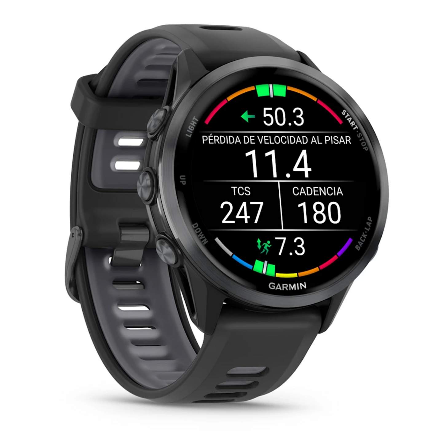 Forerunner® 970 Titanio con revestimiento de DLC en gris con caja en negro y correa en negro/gris