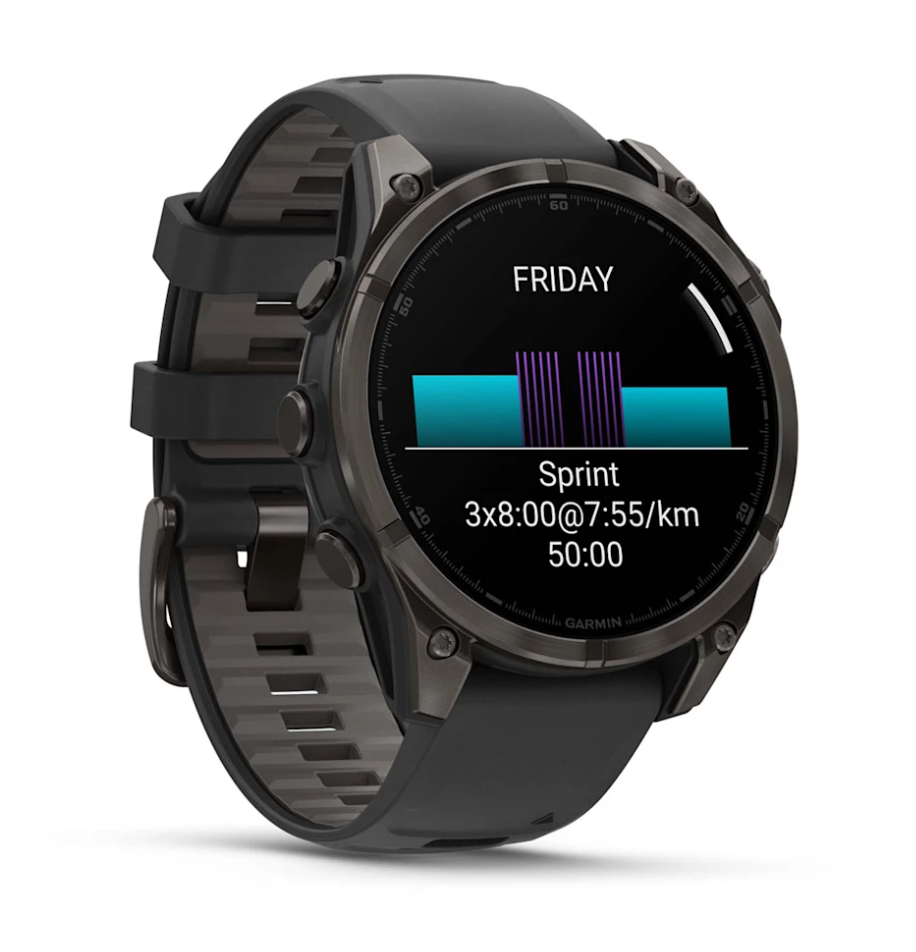 fēnix® 8 – 47 mm, AMOLED Sapphire, Titanio con revestimiento de DLC con correa de silicona negra/gris