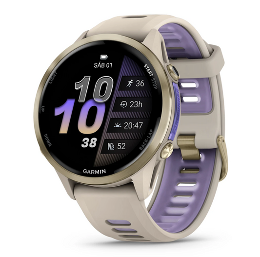 Forerunner® 970 Titanio con caja en beige y correa en beige/lila