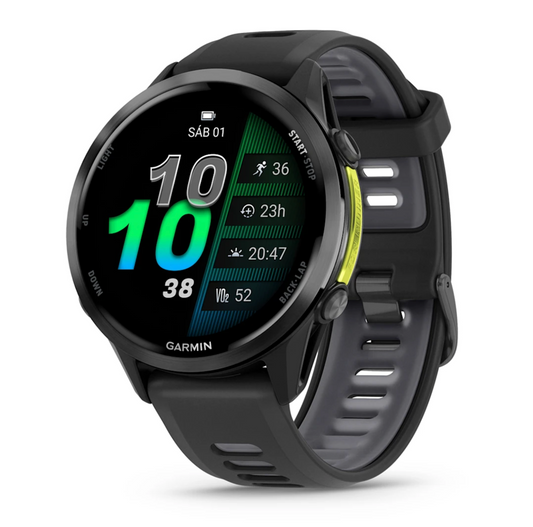 Forerunner® 970 Titanio con revestimiento de DLC en gris con caja en negro y correa en negro/gris